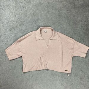 Guess Womens Size XL Crop Top Pink Short Sleeves Ribbed V Neck Pullover NWOT